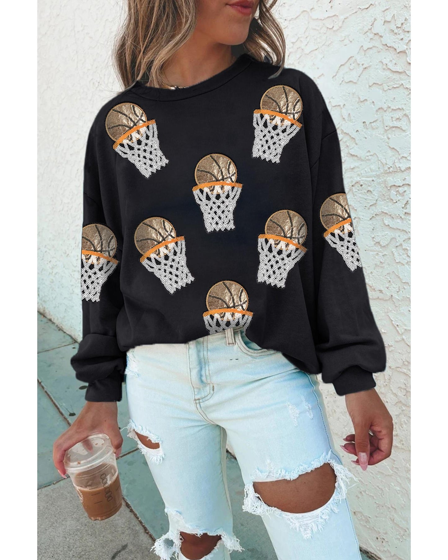 Black Basketball Patched Game Day Crew Neck Graphic Sweatshirt - M