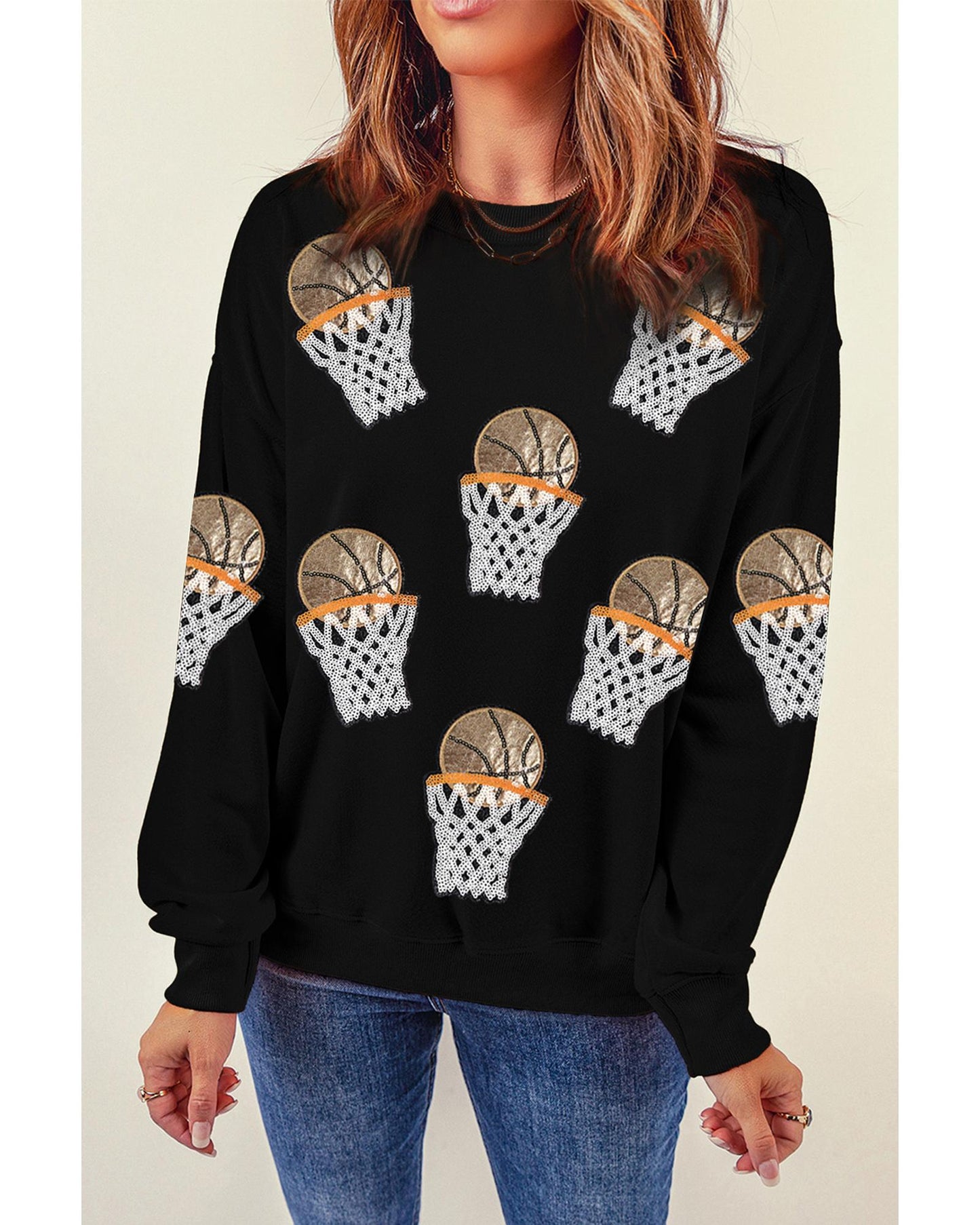 Black Basketball Patched Game Day Crew Neck Graphic Sweatshirt - M