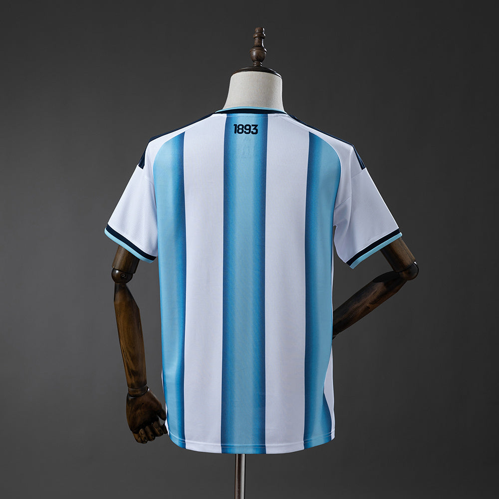 White and blue striped jersey on a mannequin against a gray background