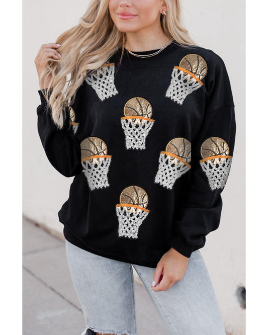 Black Basketball Patched Game Day Crew Neck Graphic Sweatshirt - M