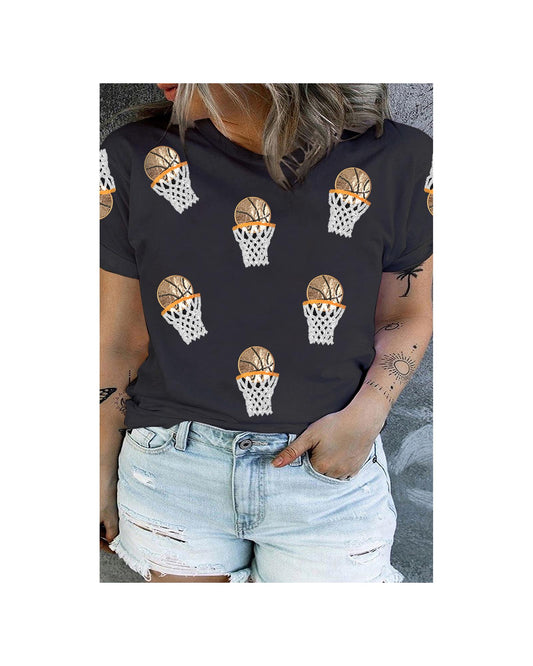 Black Basketball Patched Pattern Crewneck Game Day Plus Size T Shirt - 2X
